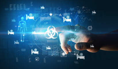 Doctor hand pressing futuristic health device with medical symbol on screen