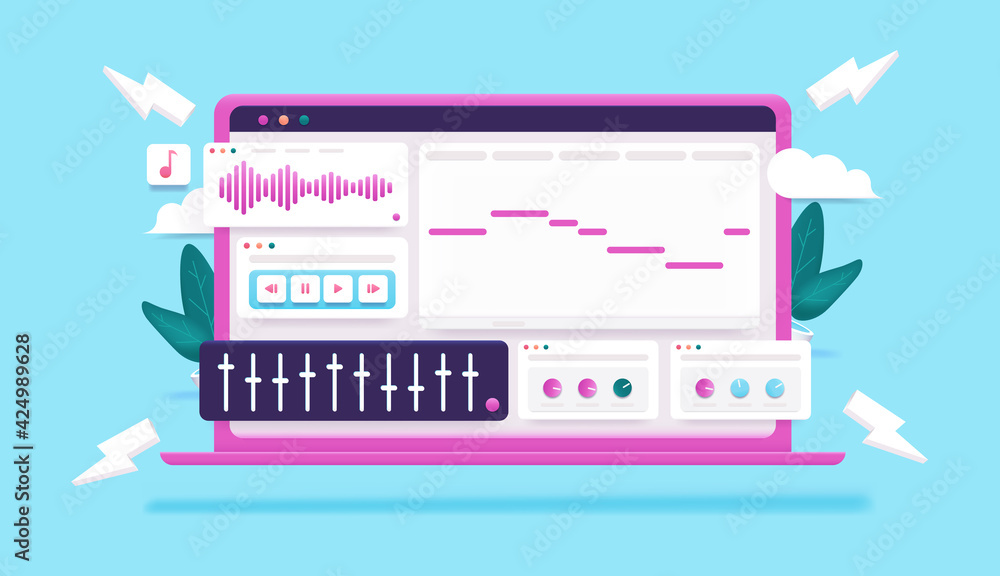 Poster electronic music creation on laptop computer - daw (digital audio workstation) on screen with midi a