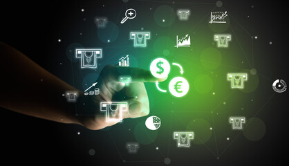 Businessman finger touching on screen multimedia interface with hand drawn currency icons