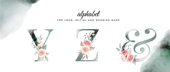 Watercolor alphabet set of y, z with beautiful floral . for logo, cards, branding, etc