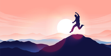 Obraz na płótnie Canvas Man jumping on mountain top - Person jump in air with sunrise and mountain range in background. Personal happiness and triumph concept. Vector illustration.