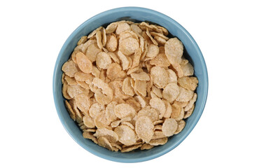 Cornflakes in the bowl, isolated on a white background. Top view
