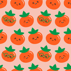 Cute and smiling cartoon style orange persimmon characters vector seamless pattern background for food design.