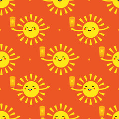 Cute cartoon style sun character holding bottle, tube of sunscreen in hand vector seamless pattern background for summer vacation design.