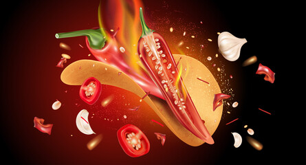 Red chili pepper on fire with chili splashing elements ads isolated on solid color background, Vector realistic in 3D illustration.