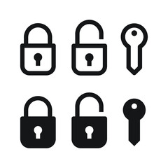 Padlock and key icon design, Lock and unlock security symbol, Silhouette and outline style, Isolated on white background, Vector illustration