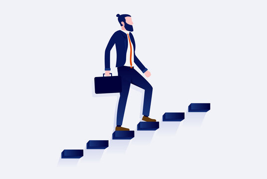 Businessman walking up stairs to success - Modern man with briefcase in staircase heading for success. Career growth and progress concept. Vector illustration.