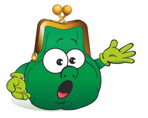 Old Green Wallet, Cash purse. Cute cartoon mascot character. Emotions of bewilderment and confusion. Coin wallet. Retro Style Wallet Characters.