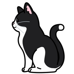 Simple and adorable black and white cat sitting in side view outlined