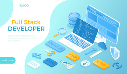Full Stack Developer. Programmer who can work with software and hardware part of the service Back end and user interface Front end. Isometric vector illustration for website.