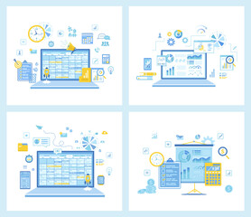 Set of  flat vector illustrations for Business planning, Analytics, management, organization, success strategy. Calculation Bookkeeping Audit Reporting Tax Accounting. Concept for websites.