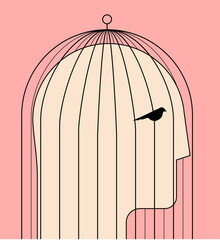 Comfort zone or self limit or inner prison psychological concept with human head silhouette in birdcage. Minimalistic vector illustration