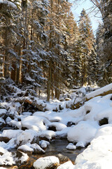 The cleanest river in Russia Ullu-murudzhu in Kabardino-Balkaria in winter in the snow
