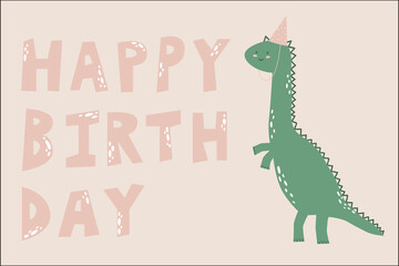 Happy birthday greeting card with cute dinosaur. Vector illustration.