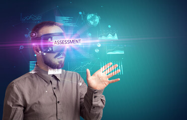 Businessman looking through Virtual Reality glasses