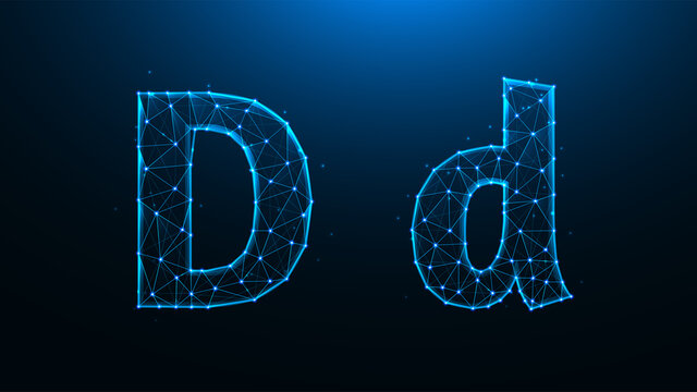 Polygonal vector illustration of letter D on a dark blue background.