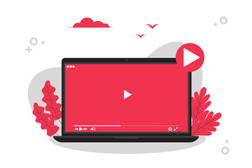 Video concept illustration on Laptop or notebook. watching video player with flat design