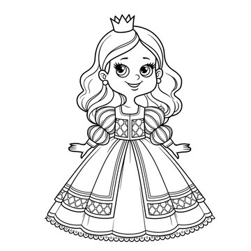 Cute cartoon princess girl in ball gown with lush skirt and little crown outline for coloring on a white background