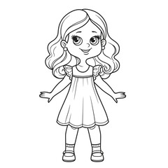 Cute cartoon girl in summer sundress outline for coloring on a white background