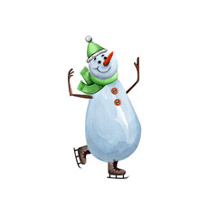 Snowman ice skating and winter green clothes. Christmas cute cartoon character. Hand drawn watercolor painting illustration on white background