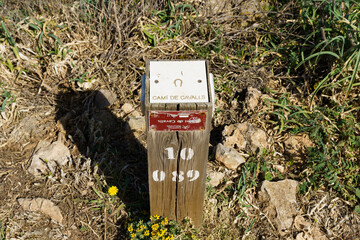 Camí de Cavalls sign in Menorca, near Sa Falconera point of view, Balearic Islands, Spain