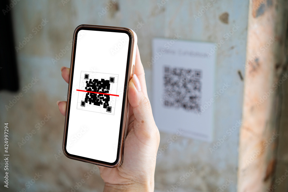 Poster scanning qr code with mobile smart phone. isolated on white background. qr code payment