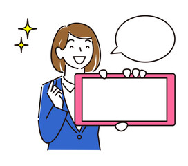 スマホの画面を見せている スーツ姿の女子 笑顔 程よいシンプルな女性のイラスト ベクター
