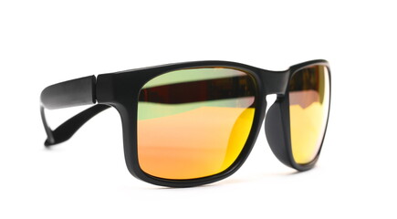 Modern stylish black sunglasses with rainbow lenses isolated on white background