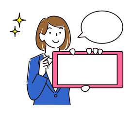 スマホの画面を見せている スーツ姿の女子 笑顔 程よいシンプルな女性のイラスト ベクター