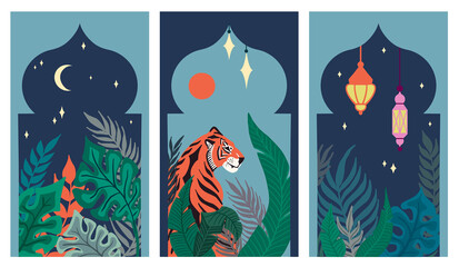 Set of Abstract tropical Leaves, Tiger and Islamic Arabic lantern in the Asian Arches. Arabian night. Sun, moon and stars. Hand-drawn Vector illustration in an oriental asian style. Flat design.