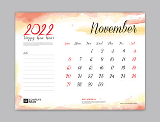Calendar 2022 template, Desk Calendar 2022 template, November month design, week start on sunday, Wall calendar, planner, stationery, Printing template, organizer office, Red watercolor background