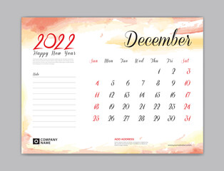 Calendar 2022 template, Desk Calendar 2022 template, December month design, week start on sunday, Wall calendar, planner, stationery, Printing template, organizer office, Red watercolor background
