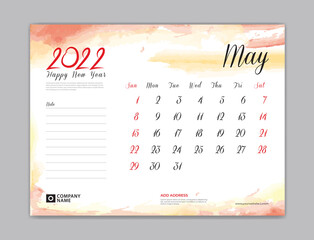Calendar 2022 template, Desk Calendar 2022 template, May month design, week start on sunday, Wall calendar, planner, stationery, Printing template, organizer office, Red watercolor background