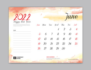 Calendar 2022 template, Desk Calendar 2022 template, June month design, week start on sunday, Wall calendar, planner, stationery, Printing template, organizer office, Red watercolor background