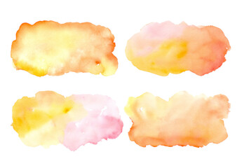 Watercolor abstract background brushstroke collection of orange, yellow, and pink, isolated on white, hand drawn on paper