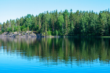 Forest reflection in the water, Karelia, Russia