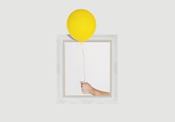 Digital collage modern art, Hand holding yellow balloon through picture frame