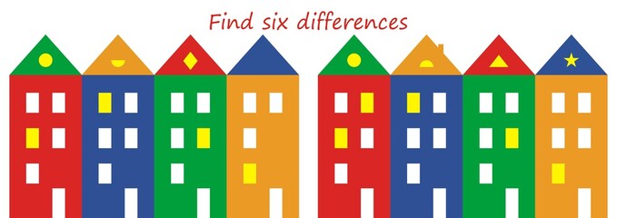 Find six differences, game for children, color houses, vector