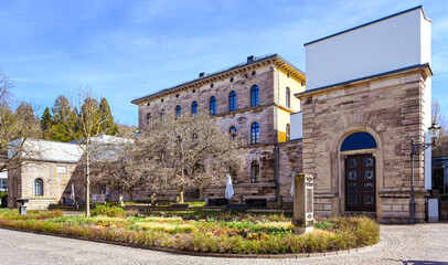 Obraz premium Willy Brandt square and the old Justice building on Sophienstreet in Baden Baden. Baden Wuerttemberg, Germany, Europe. Baden Wuerttemberg, Germany, Europe
