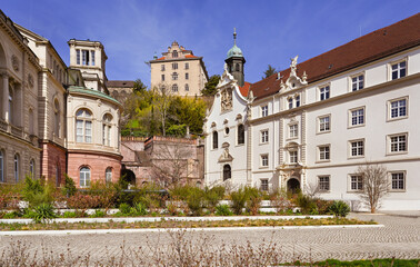 Obraz premium View of the Convent school of the Holy grave, the famous Friedrichsbad Therme and the New Castle in Baden Baden. Baden Wuerttemberg, Germany, Europe