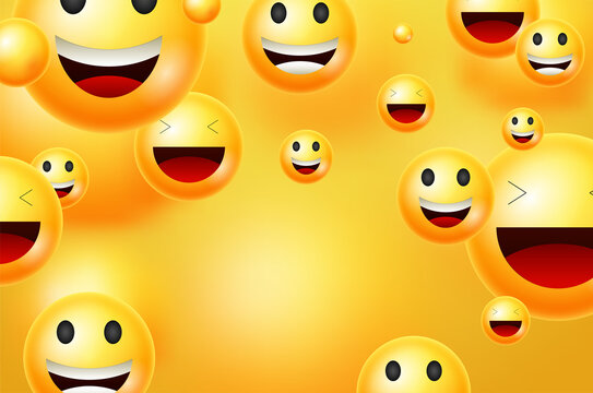 Yellow smileys vector background. Emoticons or smileys with funny and happy facial expressions in yellow blank space background for text or presentation. Vector illustration.