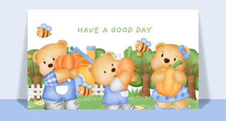 Watercolor cute teddy bear  in vegtable garden greeting card.