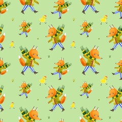 Seamless pattern of sly Fox and funny yellow chickens. Cute cartoon animals. Hand-drawn watercolor illustrations on a green background. Design for postcards, packaging, textiles, prints, wallpaper.