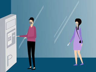 Man inserting ticket or credit card into parking machine to pay. Woman waiting for her turn. People in protective mask. Vector illustration. Contactless parking payment. 