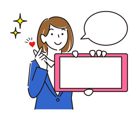 スマホの画面を見せている スーツ姿の女子 笑顔でキュンですのポーズをしている女性のイラスト ベクター 