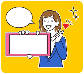 スマホの画面を見せている スーツ姿の女子 笑顔でキュンですのポーズをしている女性のイラスト ベクター