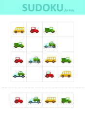 Fototapeta premium Sudoku for kids. Children's puzzles. Educational game for children. colored cars