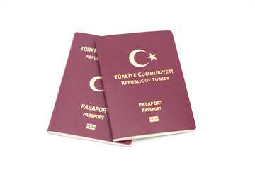 Selective Focus of Turkish Travel Passport on White Background. Copy Space. 