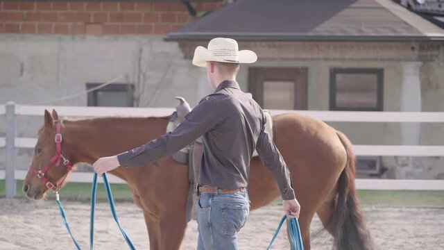 Cowboy train horse on lunge 4K