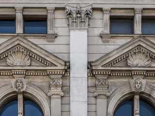 LVIV, UKRAINE - April, 2021: Lviv  Theatre of Opera and Ballet, decor elements on the facade of the house.